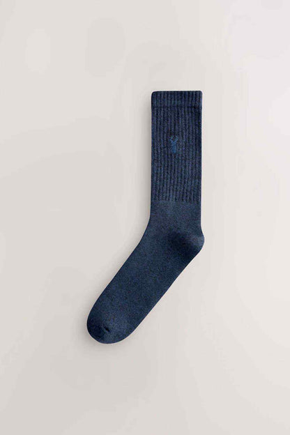Single dark blue ribbed knit sock with small logo