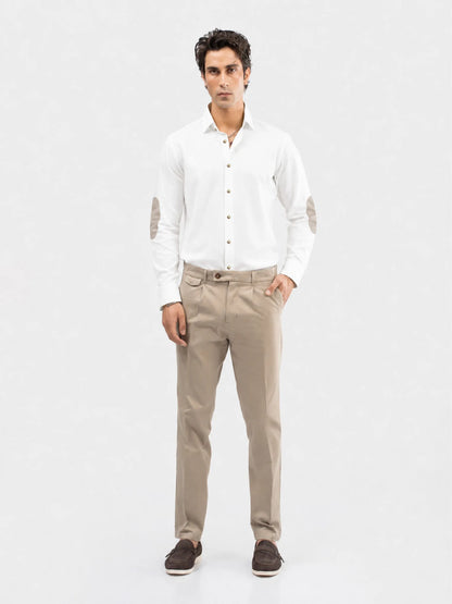 Men's white cotton button-up dress shirt with long sleeves and button front