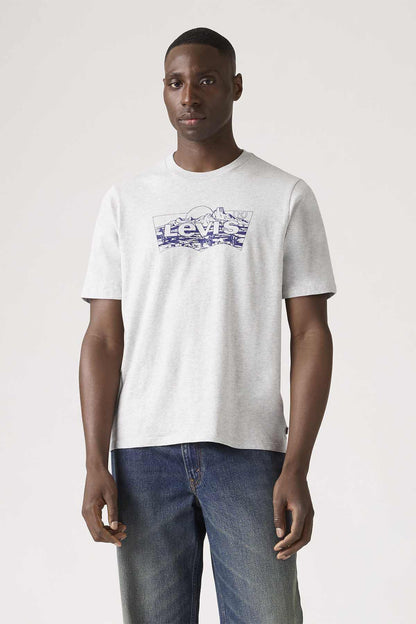 Heather gray crewneck T-shirt with blue Levi's logo graphic