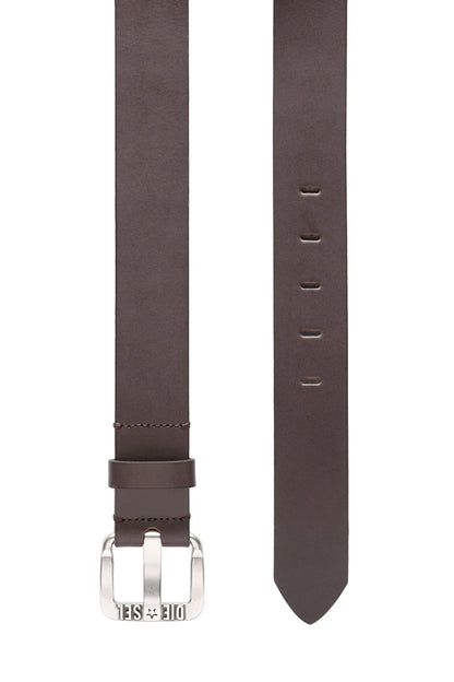 Dark brown leather belt strap with punched holes and silver buckle end.