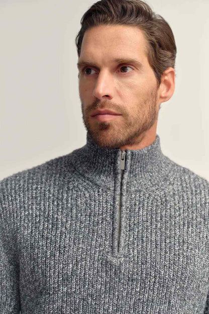 Grey ribbed knit half-zip sweater with zipper pull and stand collar