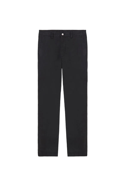 Black straight-leg trousers with belt loops and button front closure