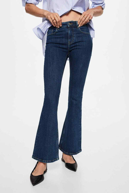 MANGO dark blue denim flared jeans with button fly and mid-rise waist