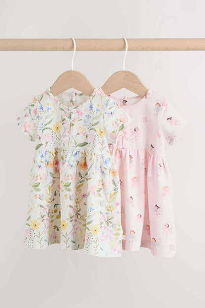 Kids floral dresses set: cream and pink short-sleeve dresses