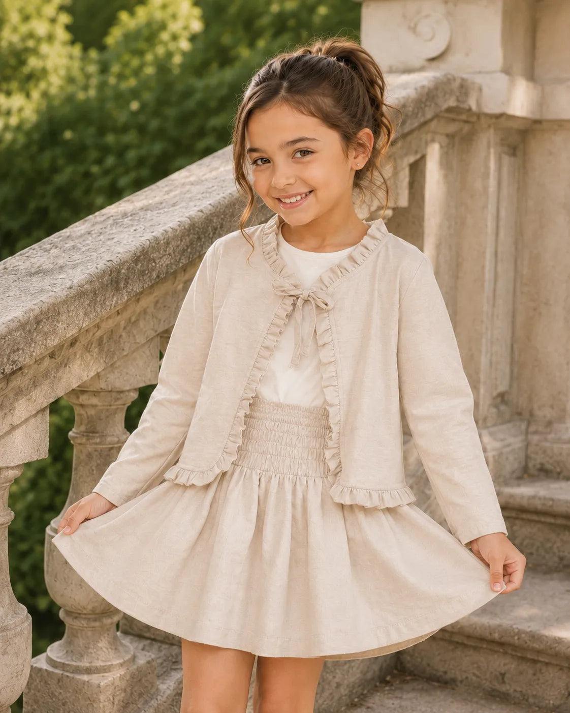 Beige girls long-sleeve dress with ruffled collar tie and flared gathered skirt