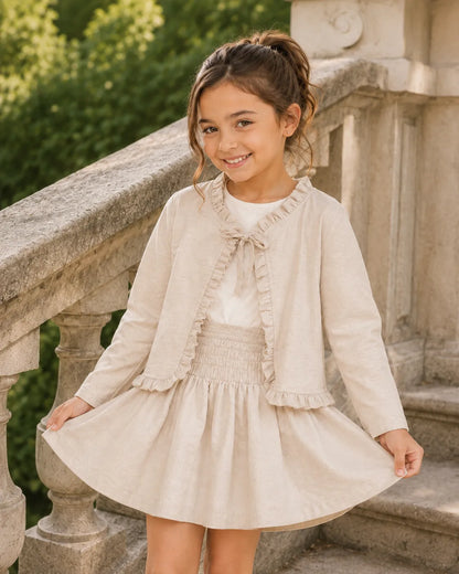 Beige girls long-sleeve dress with ruffled collar tie and flared gathered skirt