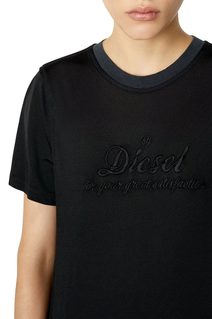 Diesel black T-shirt close-up showing chest logo script on crew neck