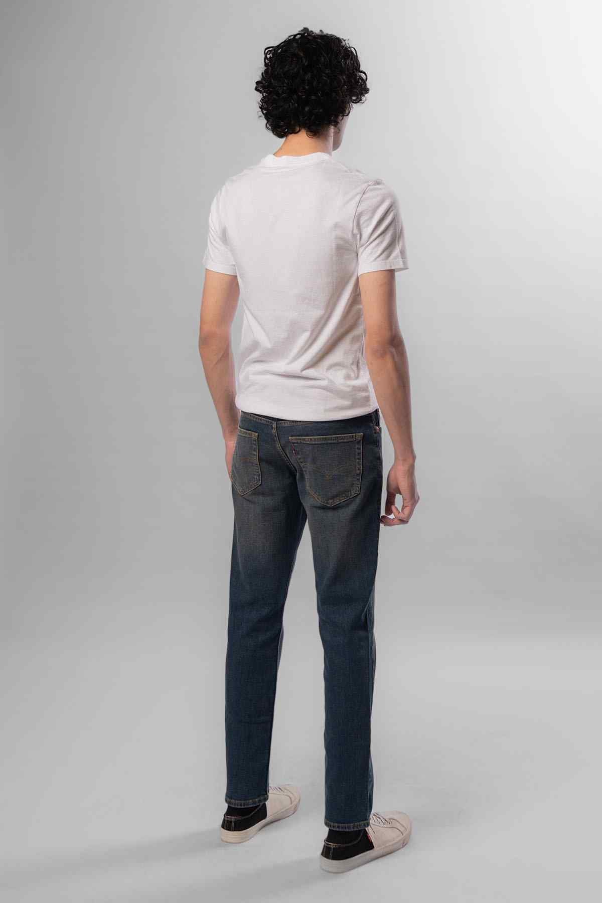 Men's dark blue jeans, back view, straight leg with stitched pockets