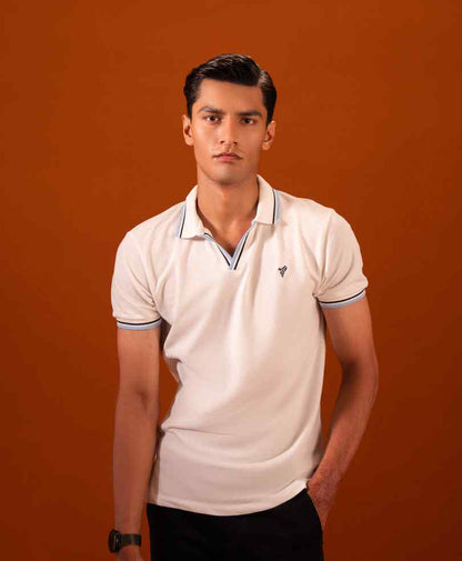 White fitted polo shirt with button placket and short sleeves