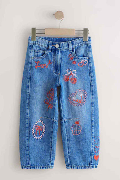 Kids blue denim jeans with red embroidered designs and button front