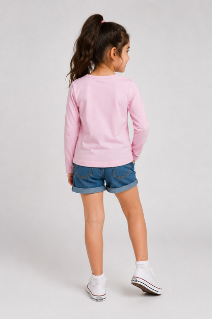 Pink girls long-sleeve top viewed from back, crew neck and straight hem