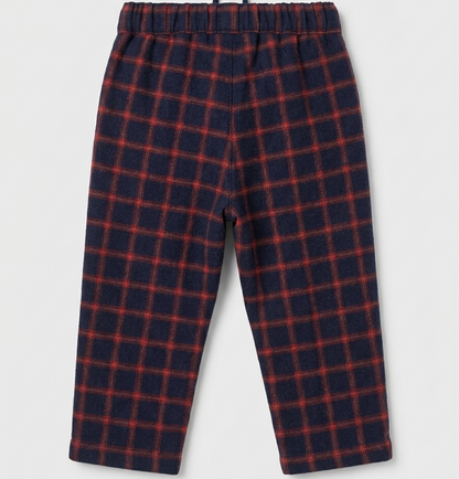 Navy red plaid baby pants with elastic waistband and straight leg