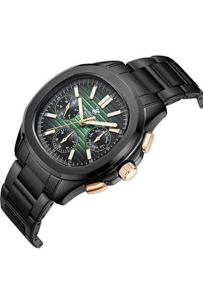 BHPC black round chronograph watch with black dial and gold accents, linked bracelet