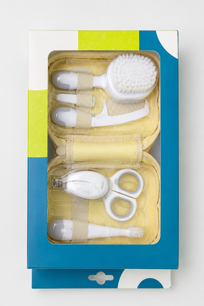 BABYSHOP baby grooming set in beige zip case shown in blue retail box