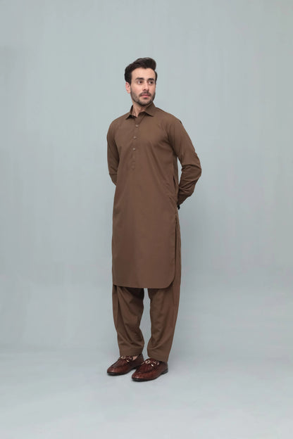 Men's brown shalwar suit with long kurta and matching trousers, front view