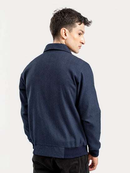 Brumano dark blue zip-up jacket back view with ribbed cuffs and hem