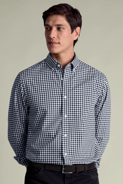 Blue gingham check button-up shirt, long sleeves and full front view