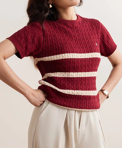 Red fitted knit short-sleeve top with crew neck and cream stripe bands, ribbed knit texture