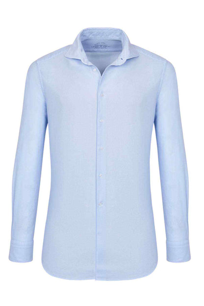 Men's azure button-up shirt with spread collar and long sleeves