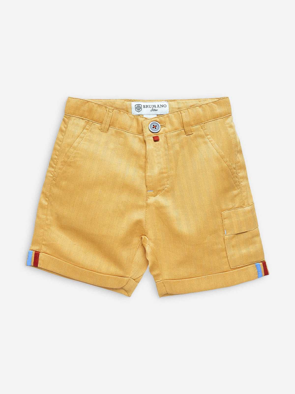 Yellow cotton shorts with belt loops, front button, and side pockets