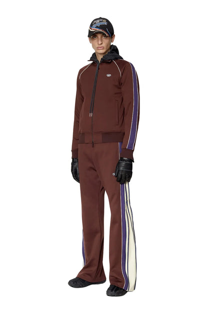 Burgundy tracksuit jacket and pants with zip front and contrasting side stripes