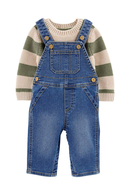 Denim overalls with bib front, blue straps and pockets over striped knit shirt