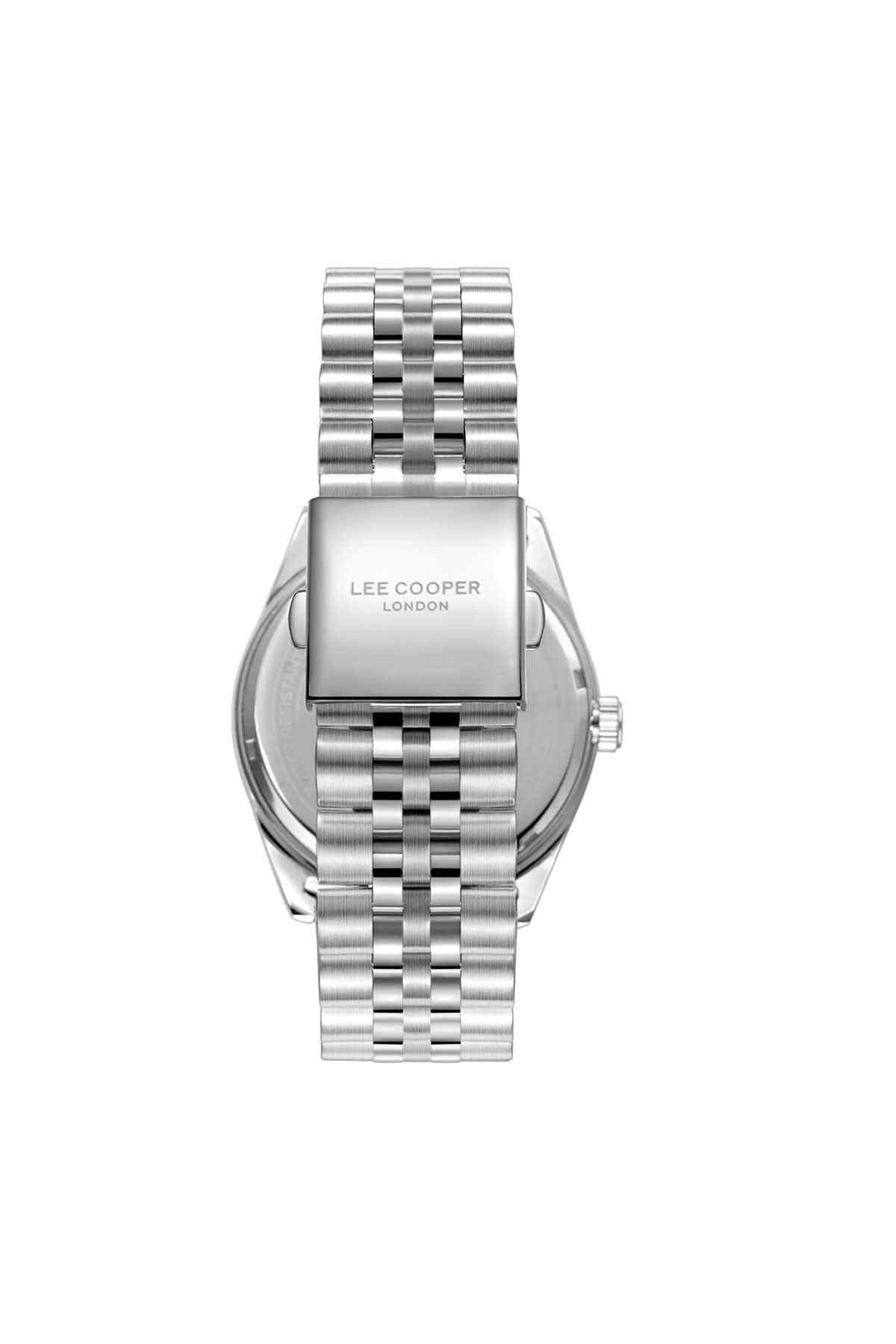 Silver metal wristwatch with metal bracelet and clasp, angled view