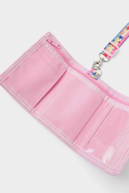 Pink mini wallet interior with clear pockets and star keyring strap