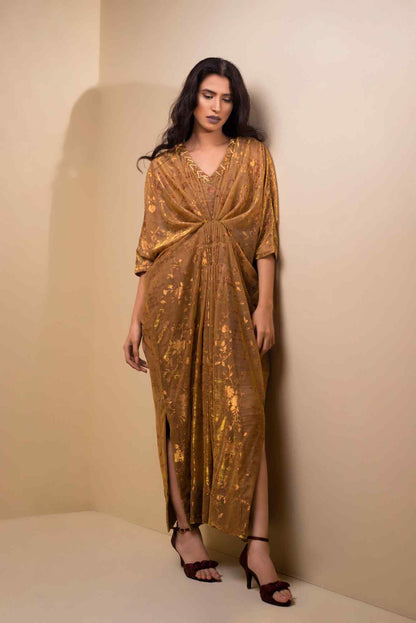 Gold velour V-neck maxi dress with draped gathered waist and three-quarter sleeves