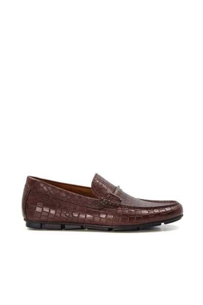 Brown embossed leather loafer with strap detail and flat rubber outsole, side view.