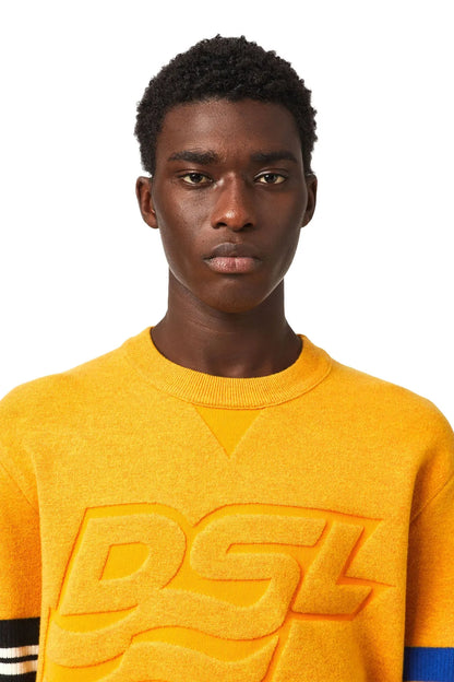 Orange crewneck sweatshirt front with embossed DSL logo and ribbed collar