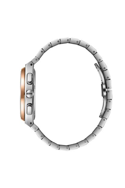 BHPC wristwatch bracelet in silver with rose gold edge accents, side profile view