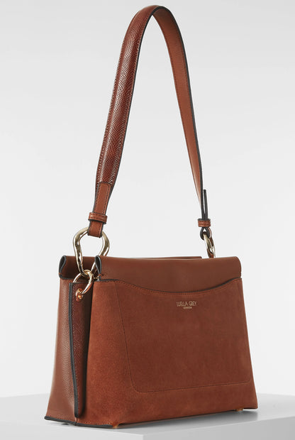 Brown small crossbody bag with magnetic flap top and gold-tone rings