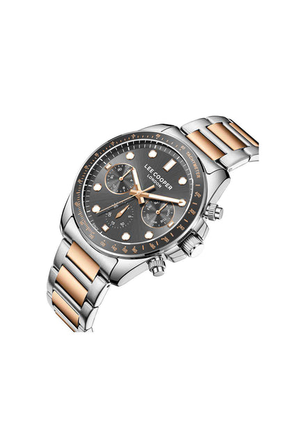 Silver and rose-gold wristwatch angled view, dark dial with three subdials and markers