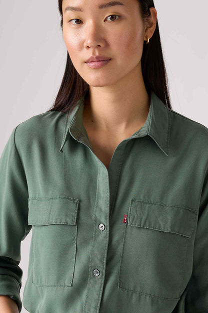 Levi's green button-up shirt close-up with buttoned collar and chest pocket