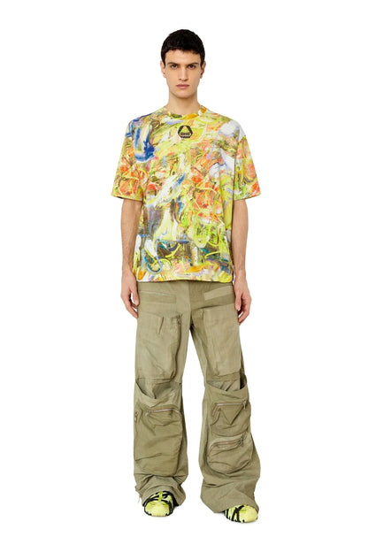 Diesel men’s crew-neck graphic T-shirt with multicolor abstract print, front