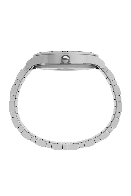 Silver tone metal wristwatch bracelet and case back, clasp centered