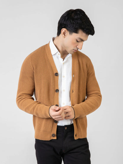 Brumano men's brown cotton cardigan, V-neck with dark buttons, worn over a white shirt