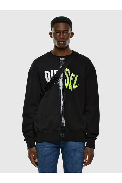 Black zip-up sweatshirt with neon graphic and full-length front zipper