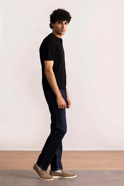 Black short-sleeve polo shirt with collared neckline and short sleeves