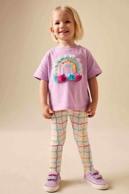 Lilac kids T-shirt with rainbow applique and long leggings with colorful grid lines
