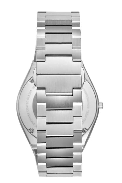BHPC silver wristwatch, metal bracelet and case side with crown