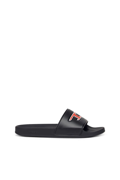 Black Diesel slide sandal with red logo stripe on adjustable strap