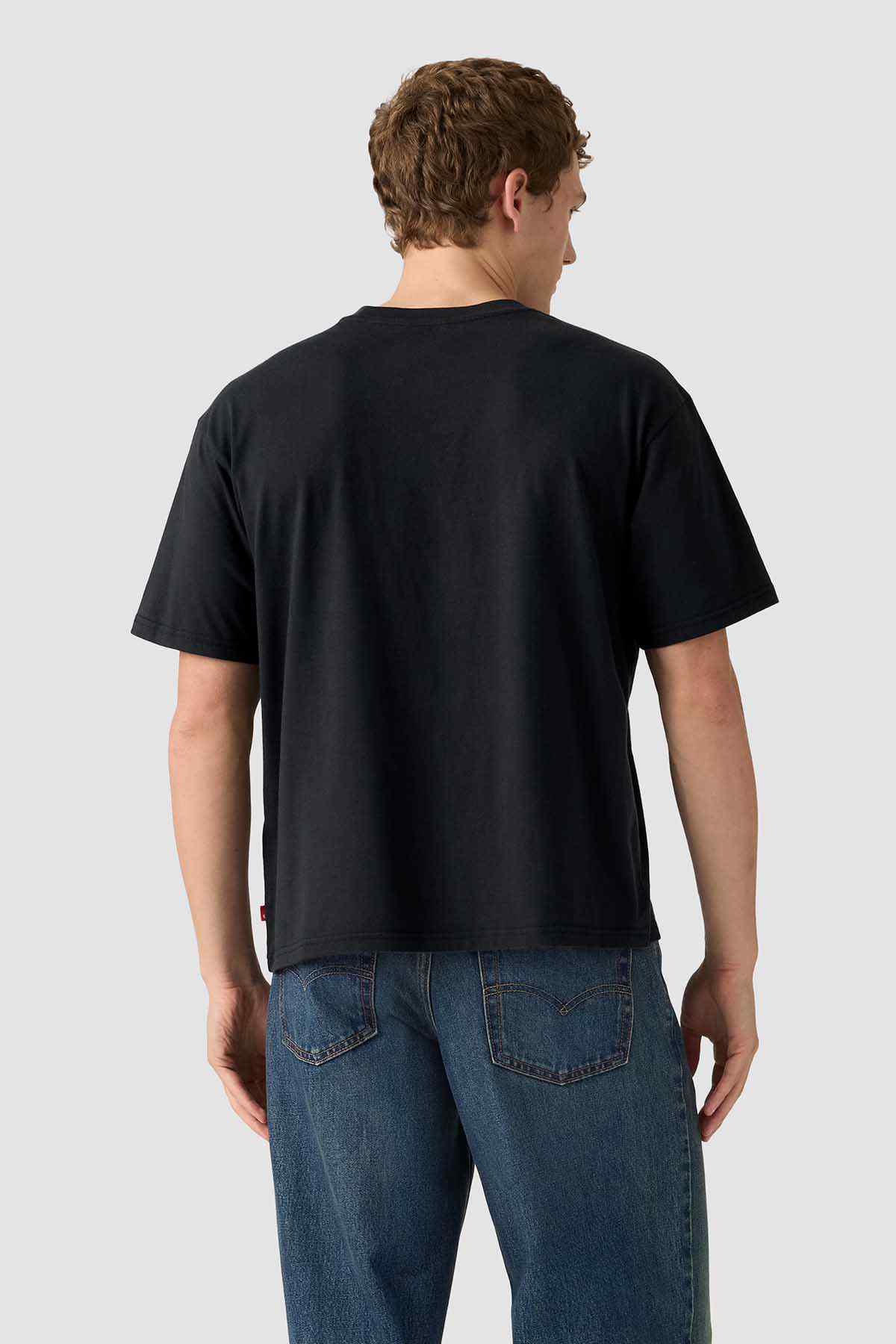 Black T-shirt back view, plain crew neck with short sleeves