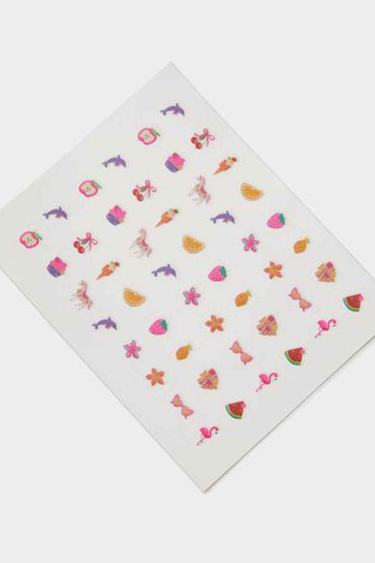 Square sticker sheet with colorful icons, including unicorns, sweets, and rainbows
