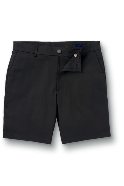 Men's black shorts with flat front, belt loops, button and zip fly