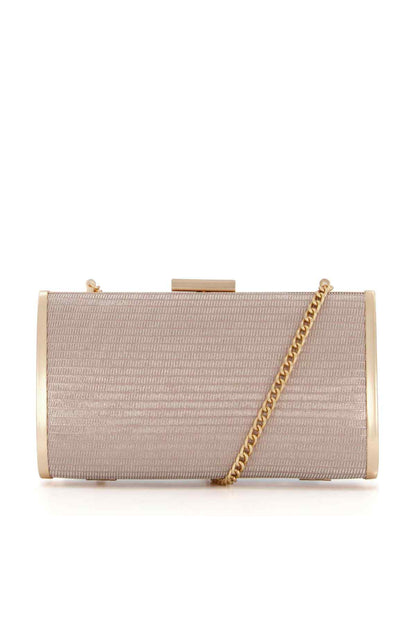 Rose gold mesh clutch bag with chain strap and rectangular hinged top