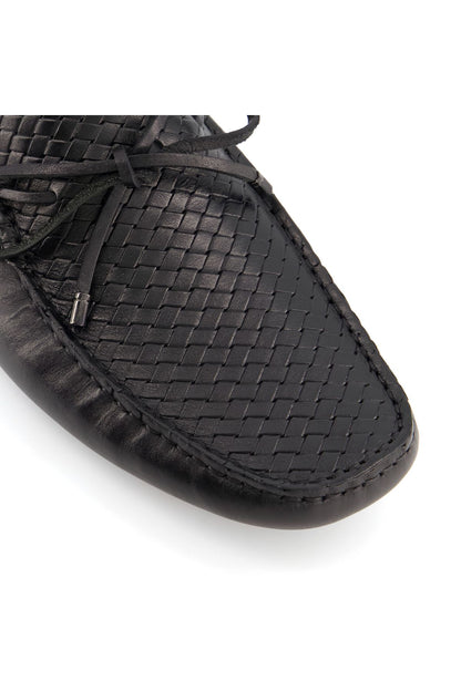 Black woven leather loafer with braided toe seam detail