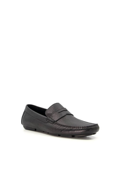 Dune London black leather loafer with buckle strap and stitched apron