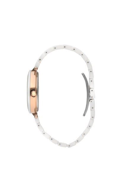 White link strap wristwatch, rose gold-tone case profile and bezel